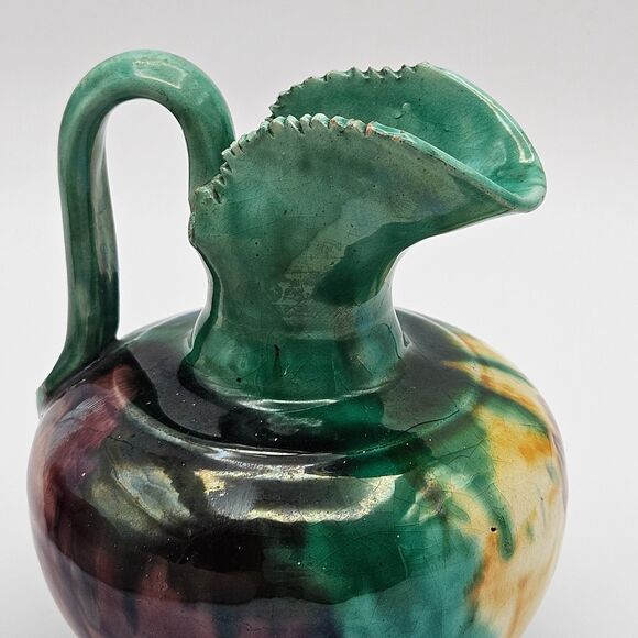 Oaxaca Mexico Dripware Ceramic Art Pottery Pitcher Flowers Green Vintage - Picture 12 of 12